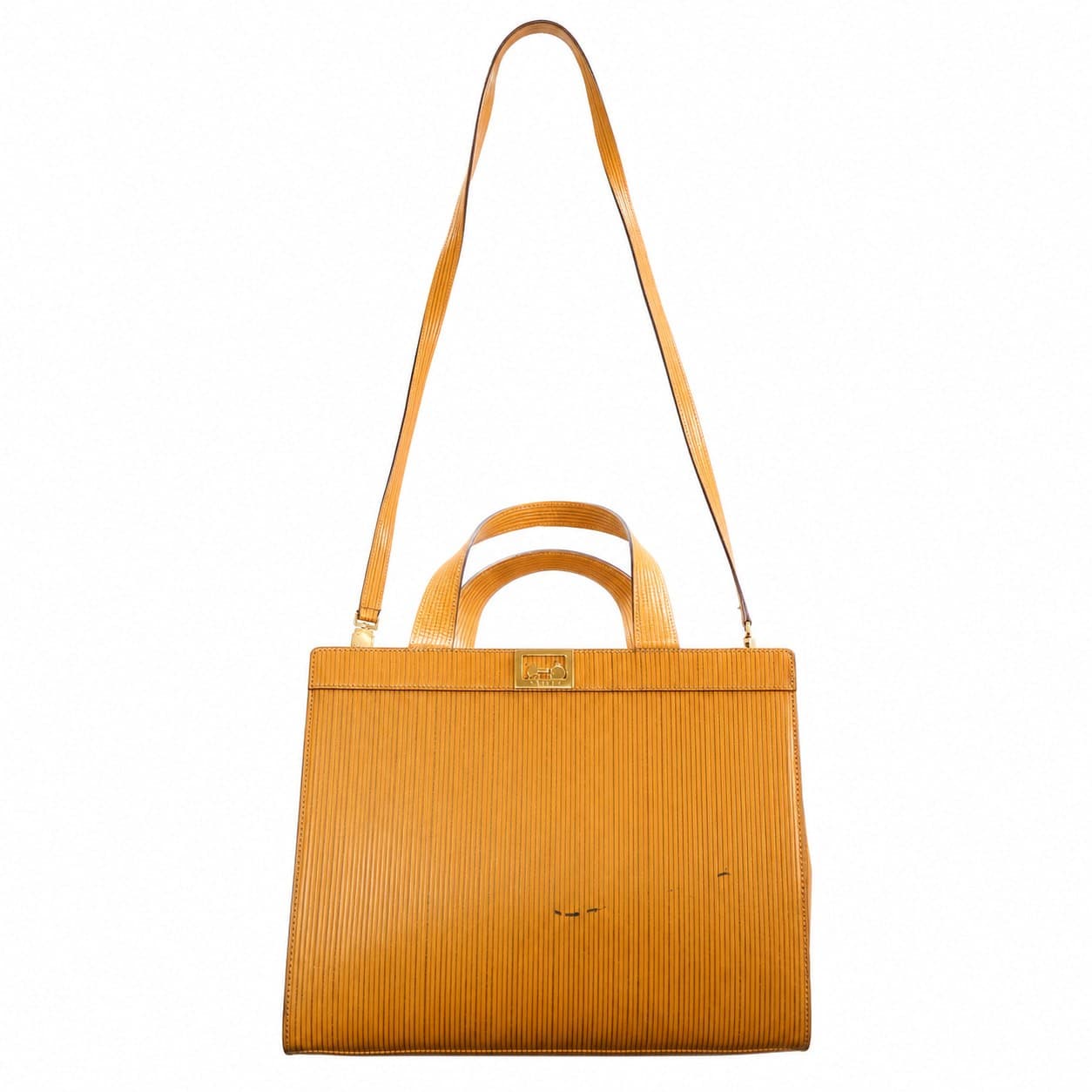 Céline Ribbed Leather Handbag Purse Bag Tote Top Handle Shoulder Yellow Gold