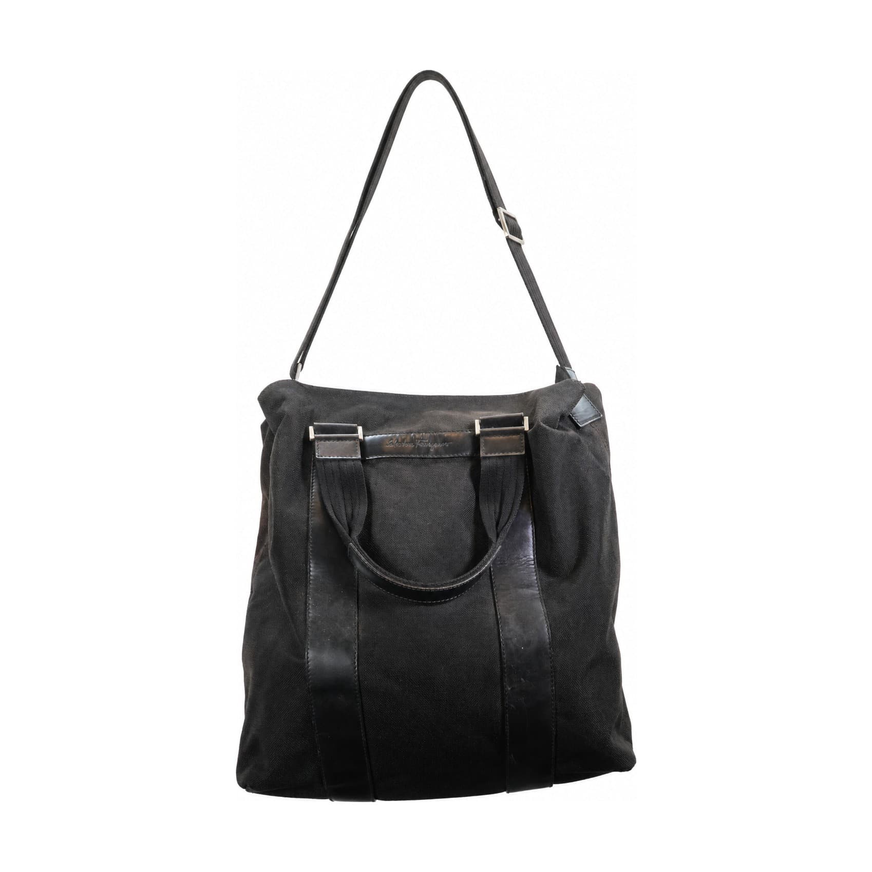 Salvatore Ferragamo Canvas Leather Tote Handbag Purse Bag Shoulder Black handbags auction at Alighieri's