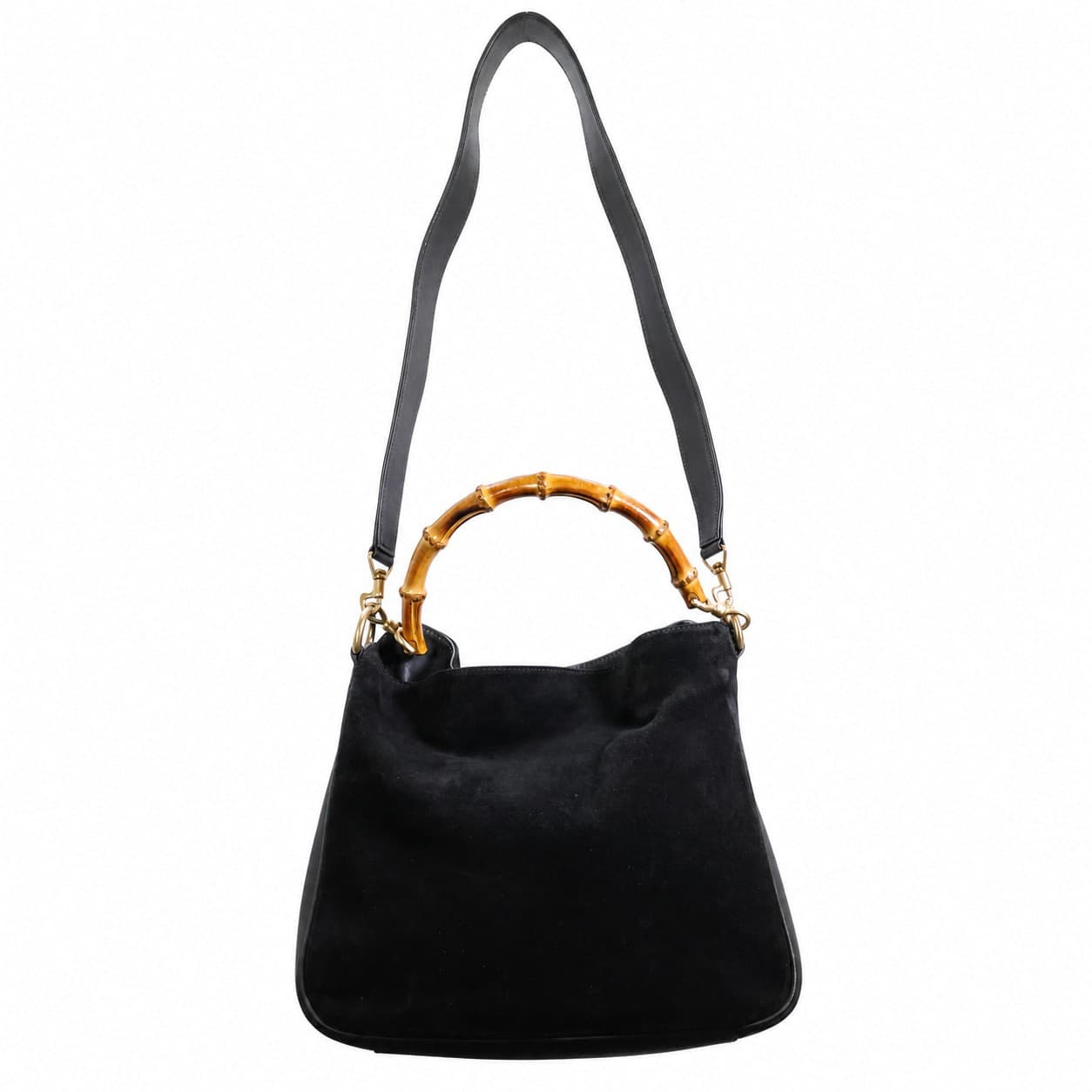 Gucci Bamboo Black Suede Leather Hobo Shoulder Bag Handbag Purse