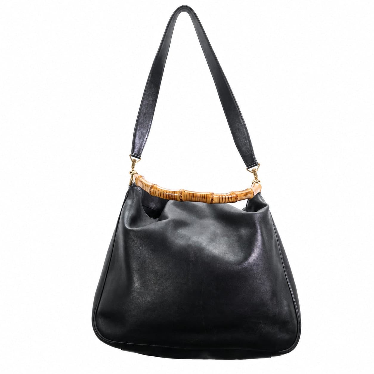 Gucci Bamboo Black Leather Hobo Shoulder Bag Handbag Purse