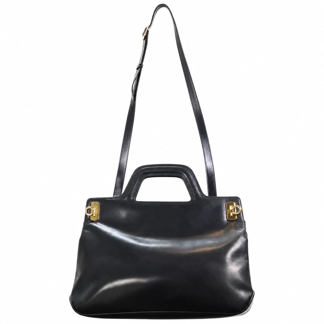Salvatore Ferragamo Gancini Black Leather Top Handle Shoulder Bag Handbag Purse