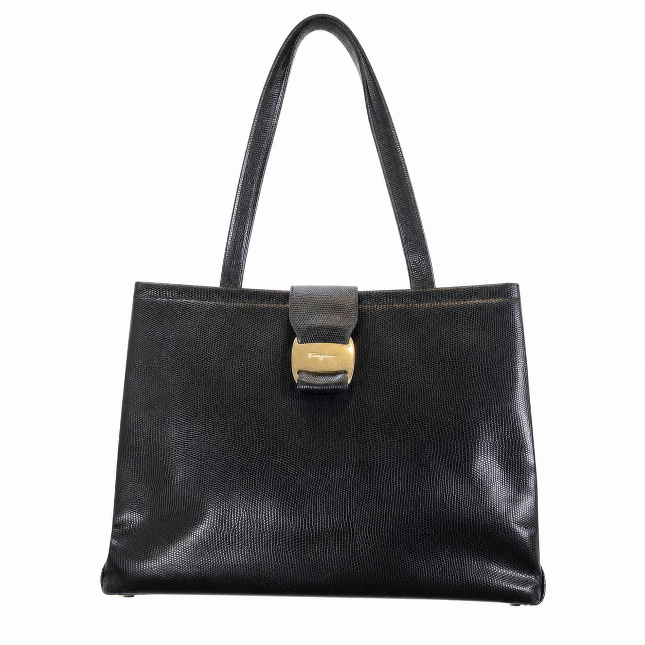 Salvatore Ferragamo Lizard Embossed Leather Vara Bow Handbag Purse Shoulder Bag Black