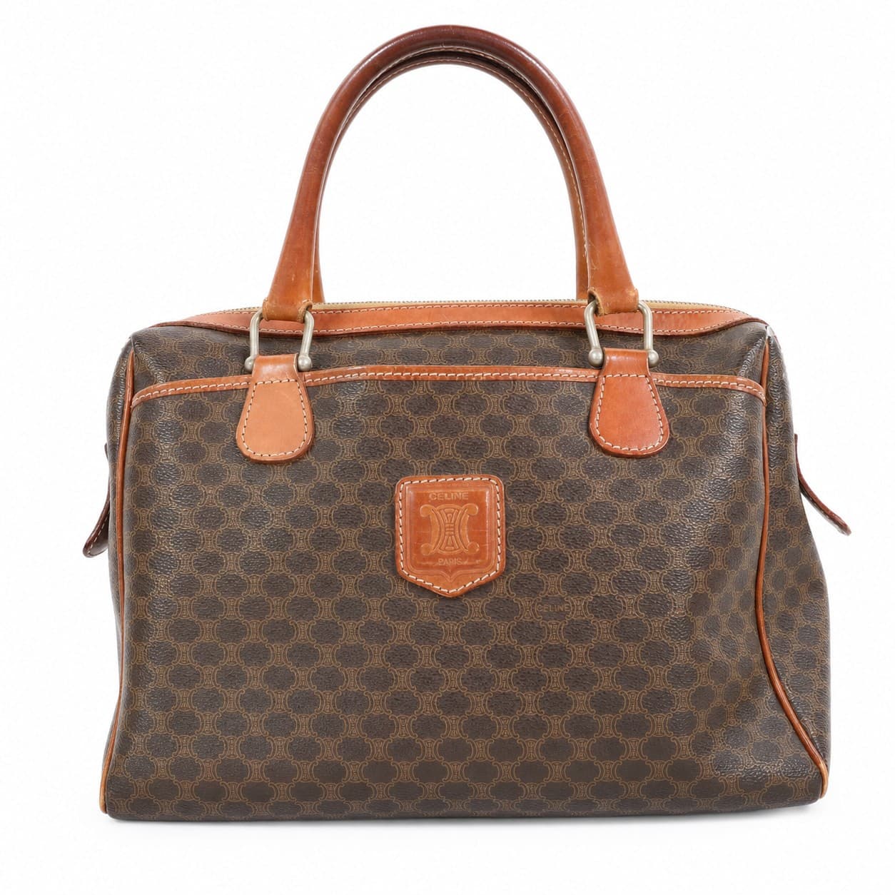 Céline Macadam Boston Bag Handbag Purse Brown Canvas Leather Top Handle