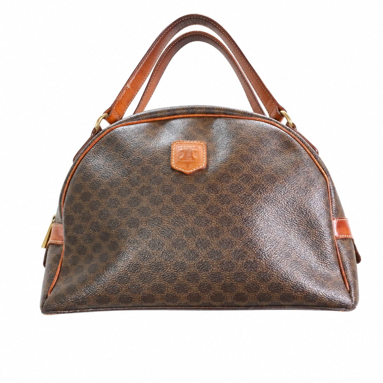 Céline Macadam Monogram Canvas Brown Leather Boston Bag Handbag Purse Top Handle