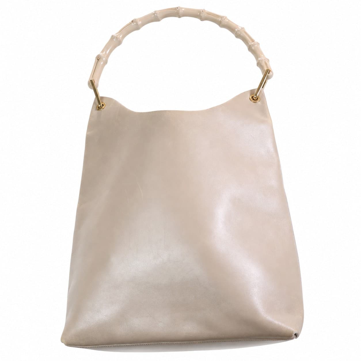 Gucci Bamboo Leather Hobo Shoulder Bag Handbag Purse Beige Gold Hardware