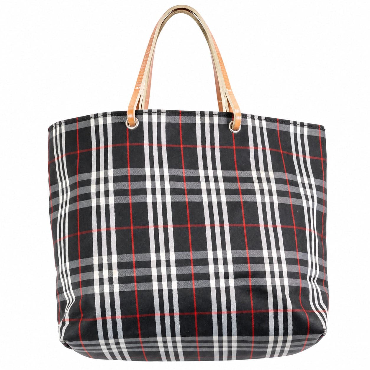 Burberry Check Coated Canvas Nylon Tote Bag Handbag Purse Charcoal Black
