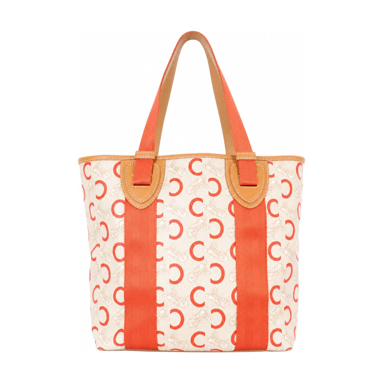 Céline Macadam Canvas Leather Tote Bag Handbag Purse Beige Coral Orange
