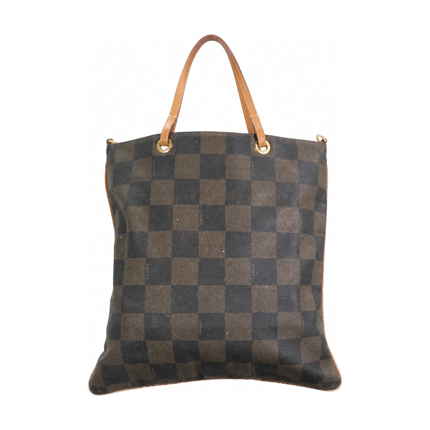 Fendi Pequin Checkered Canvas Tote Bag Handbag Purse Brown Black Leather