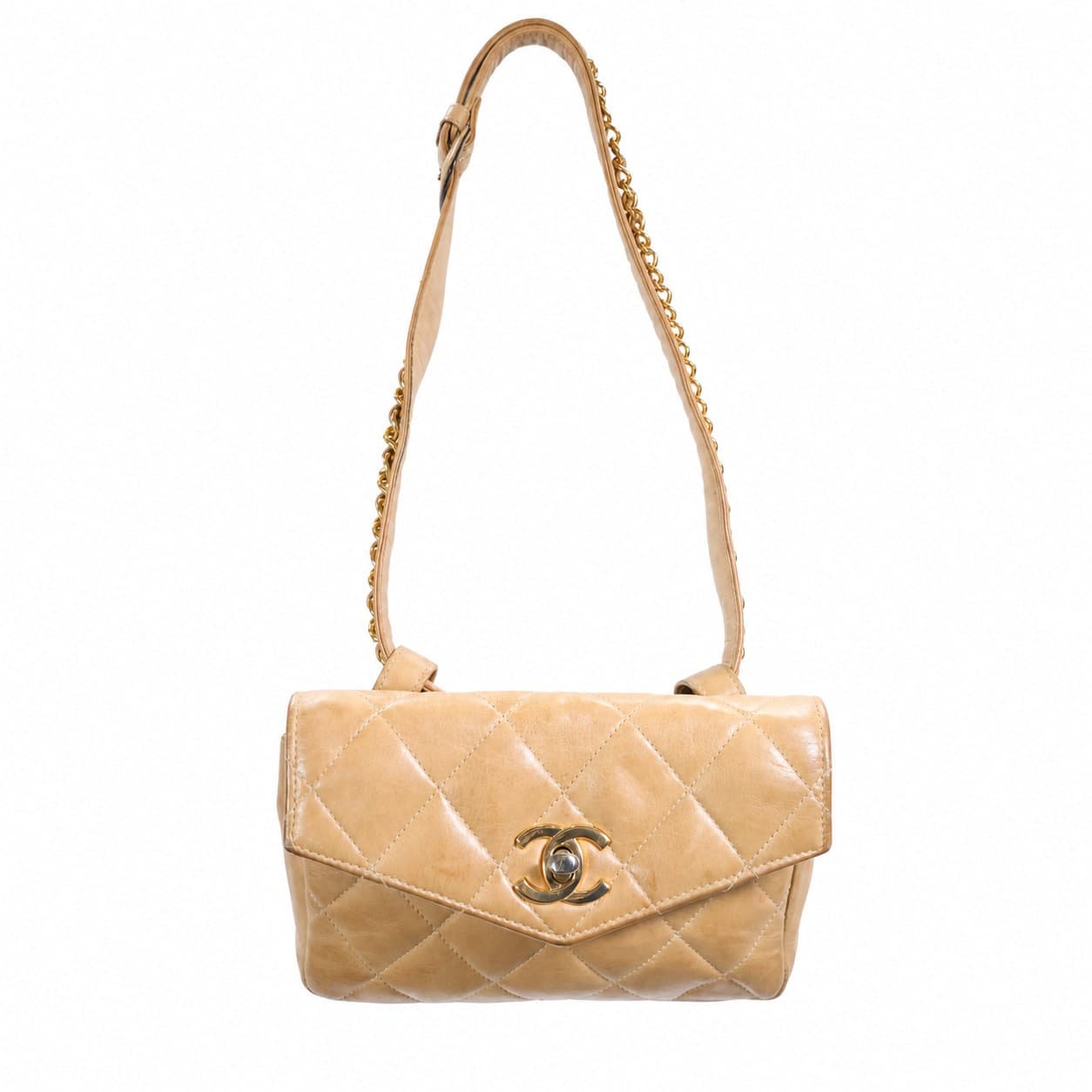 Chanel Quilted Lambskin Leather Shoulder Bag Handbag Purse Flap Beige Gold
