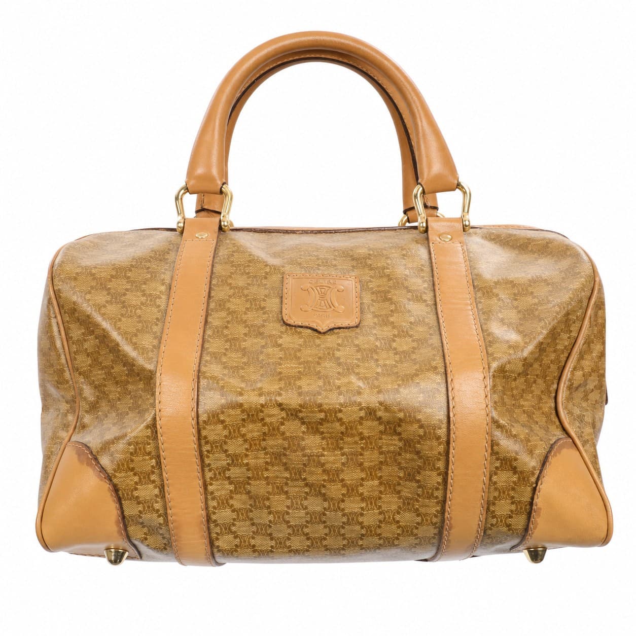 Celine Macadam Boston Bag Handbag Purse Coated Canvas Leather Tan Brown