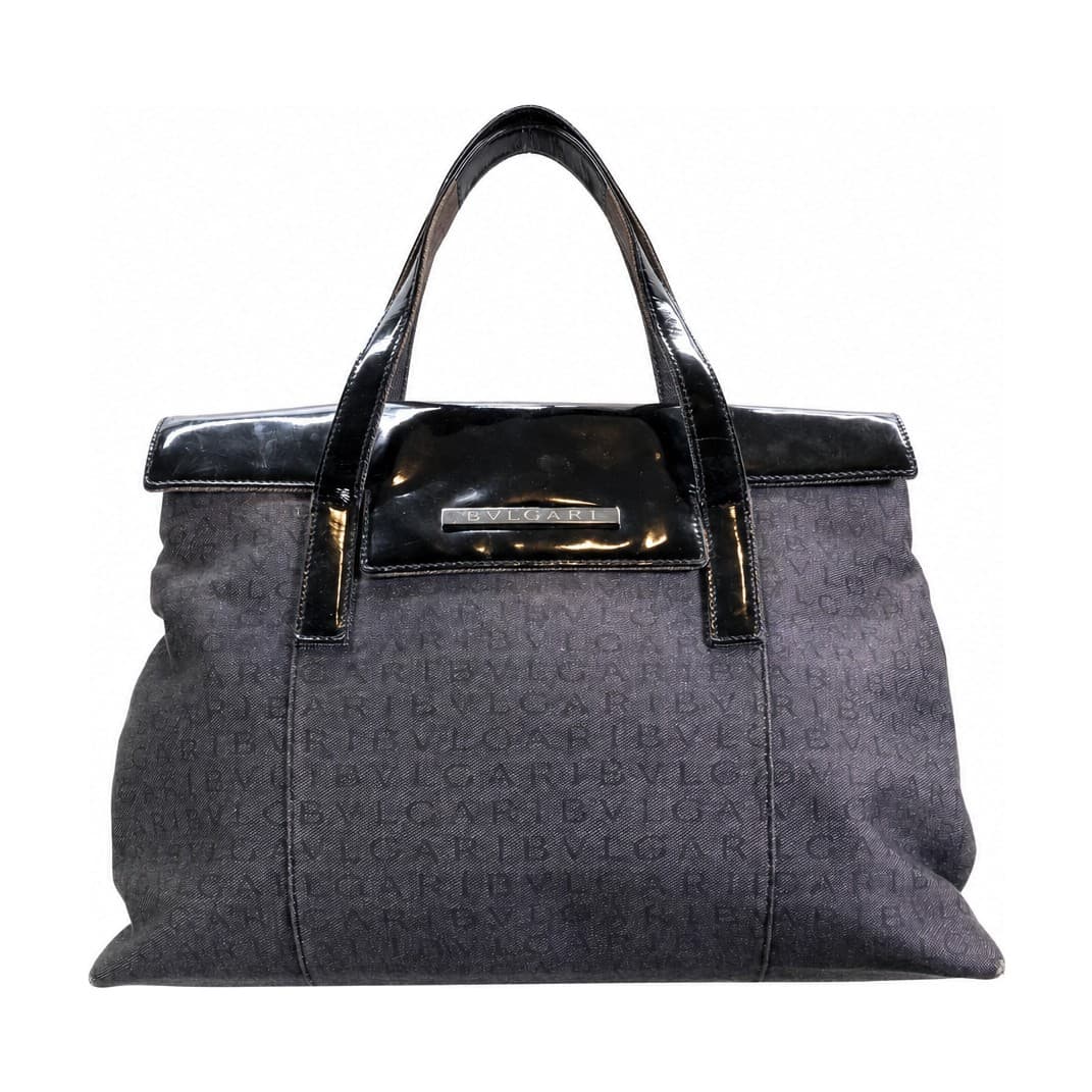 Bvlgari Gray Canvas Black Patent Leather Tote Handbag Purse Bag Top Handle