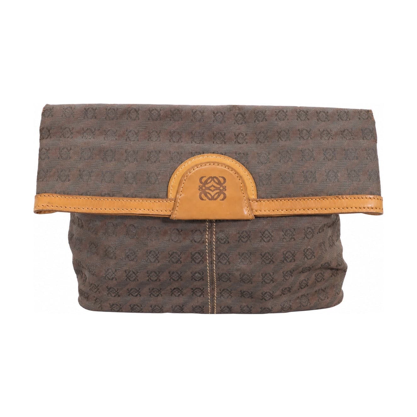Loewe Anagram Canvas Leather Fold-Over Clutch Bag Purse Brown
