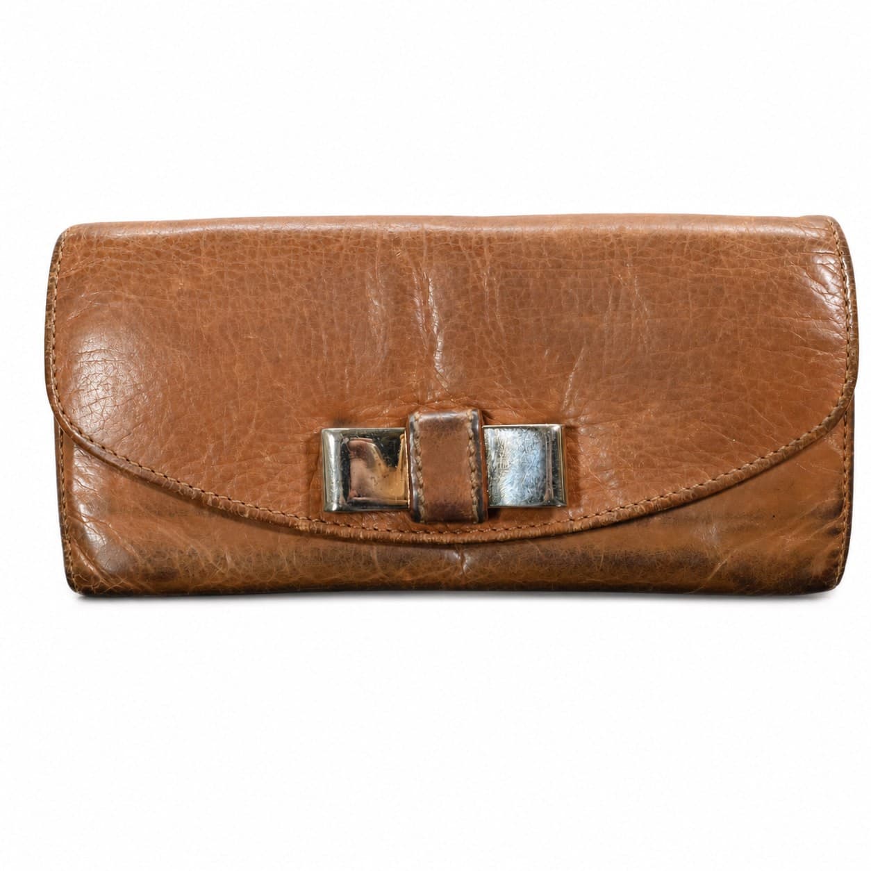 Chloé Leather Flap Wallet Clutch Wallet Bow Hardware Brown Tan