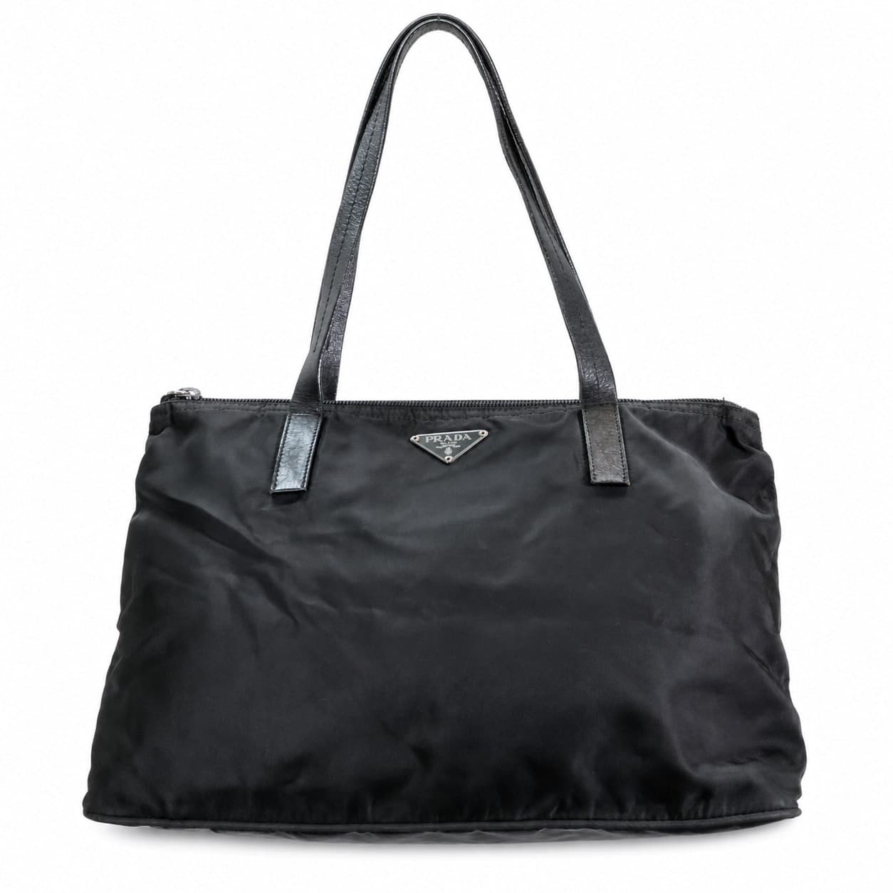 Prada Black Nylon Tessuto Tote Bag Handbag Purse Shoulder Bag Leather Trim