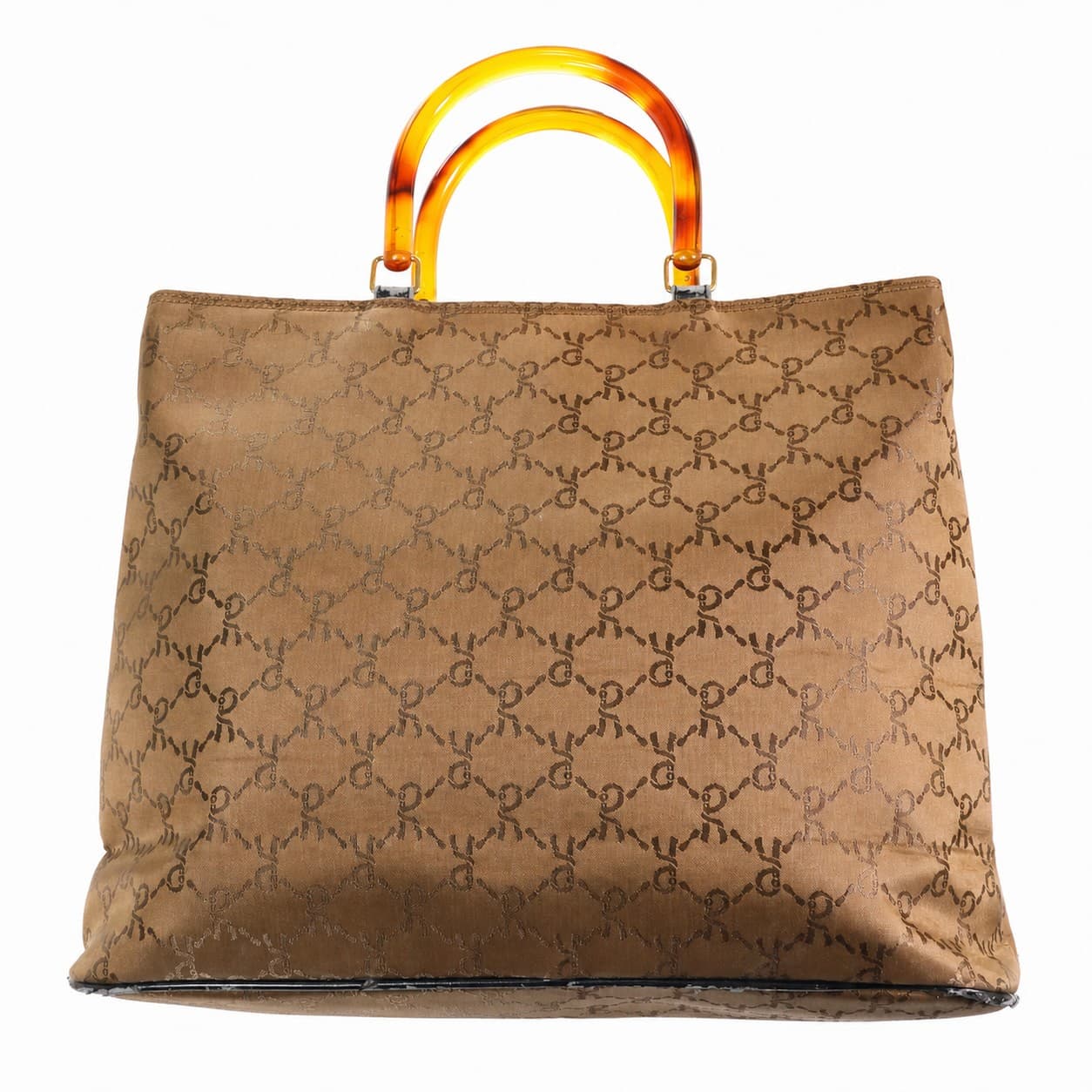 Roberta Di Camerino Monogram Canvas Tote Handbag Purse Bag Tortoise Lucite Handles Brown
