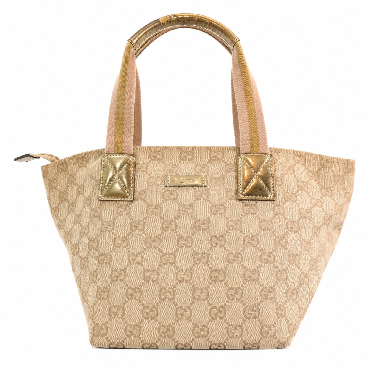 Gucci Bamboo Bar GG Canvas Tote Handbag Purse Bag Beige Gold Leather