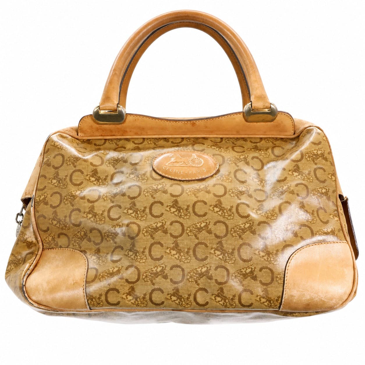 Céline Macadam Coated Canvas Leather Top Handle Boston Handbag Bag Tan Beige