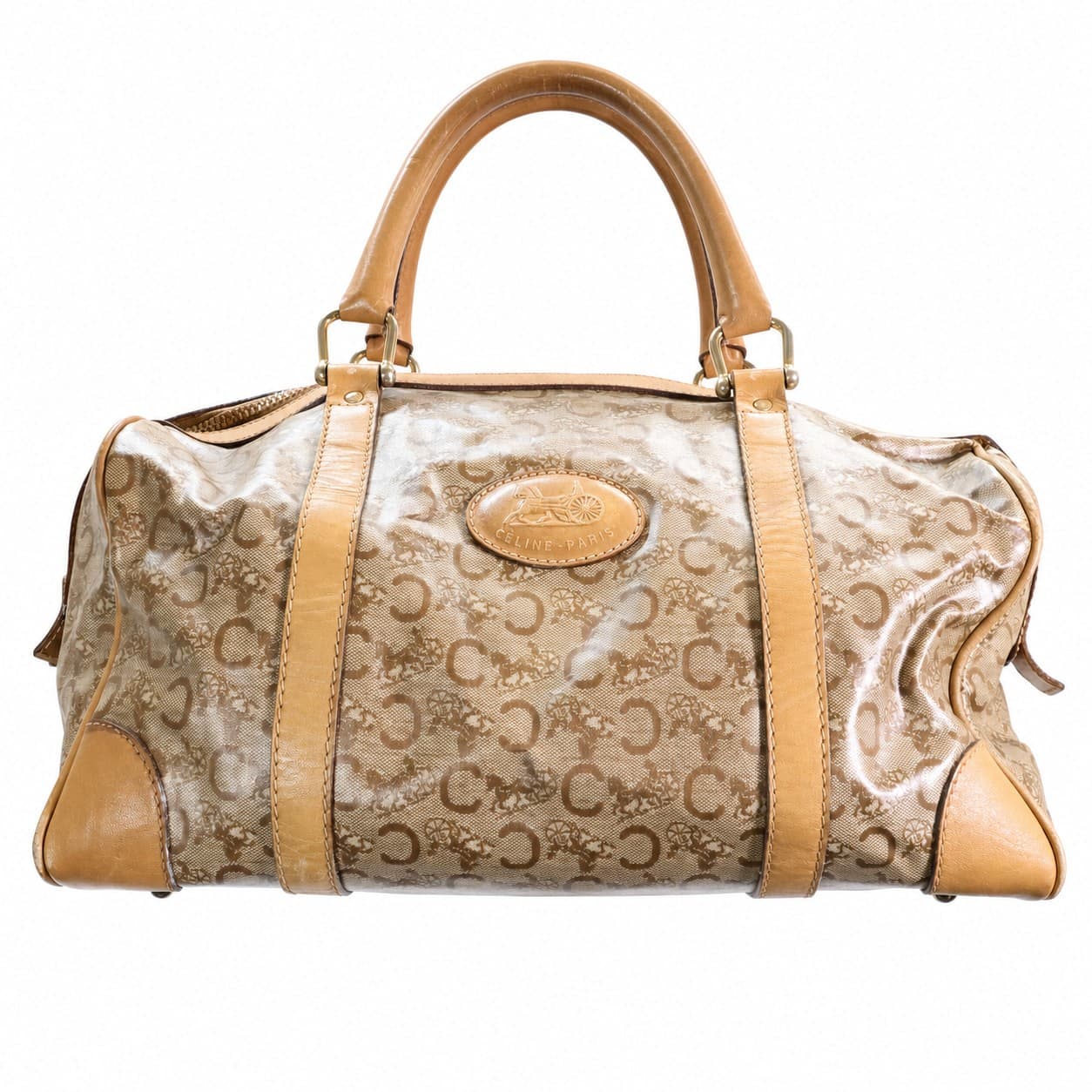 Céline Macadam Canvas Leather Boston Bag Barrel Duffle Handbag Beige