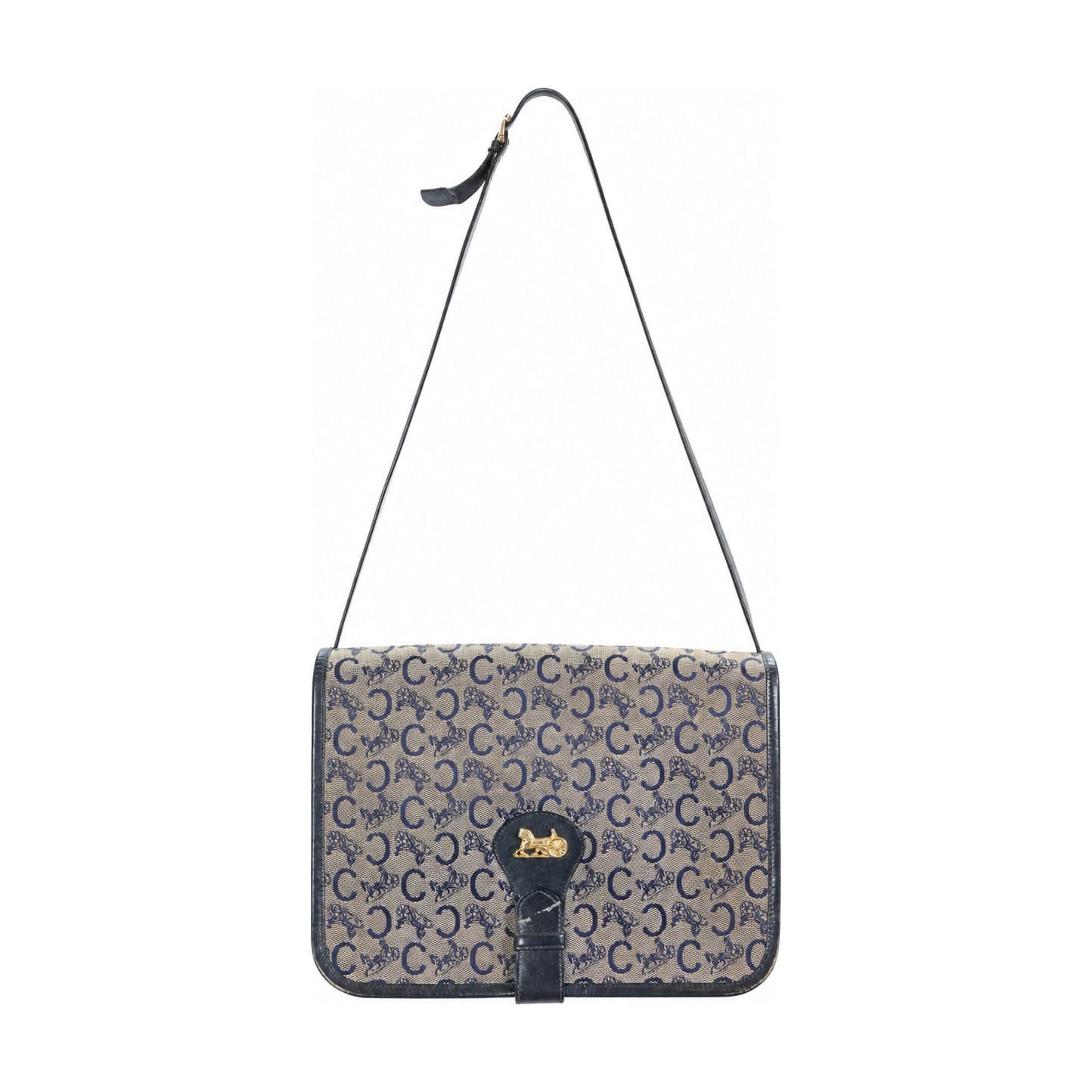Céline Macadam Monogram Canvas Leather Shoulder Bag Crossbody Handbag Purse Navy