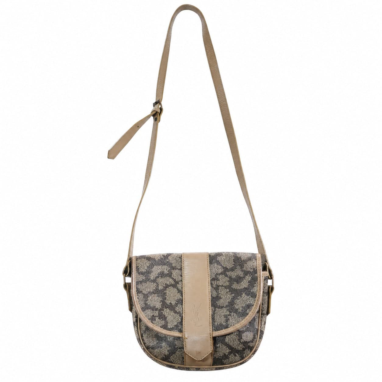 Yves Saint Laurent Monogram Canvas Crossbody Shoulder Bag Beige Brown Leather
