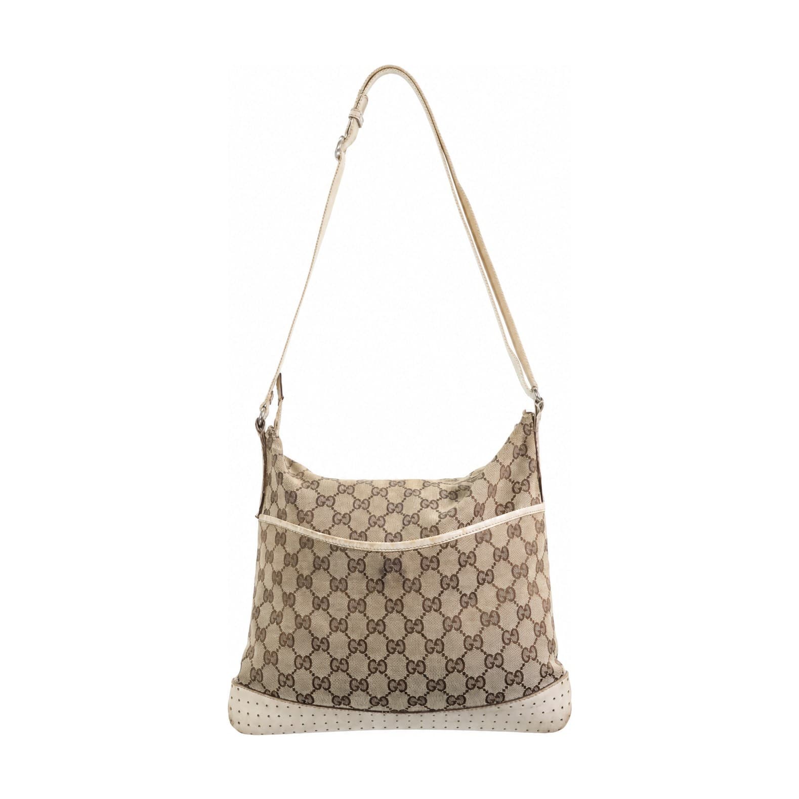 Gucci GG Canvas Perforated Leather Shoulder Bag Hobo Handbag Purse Beige