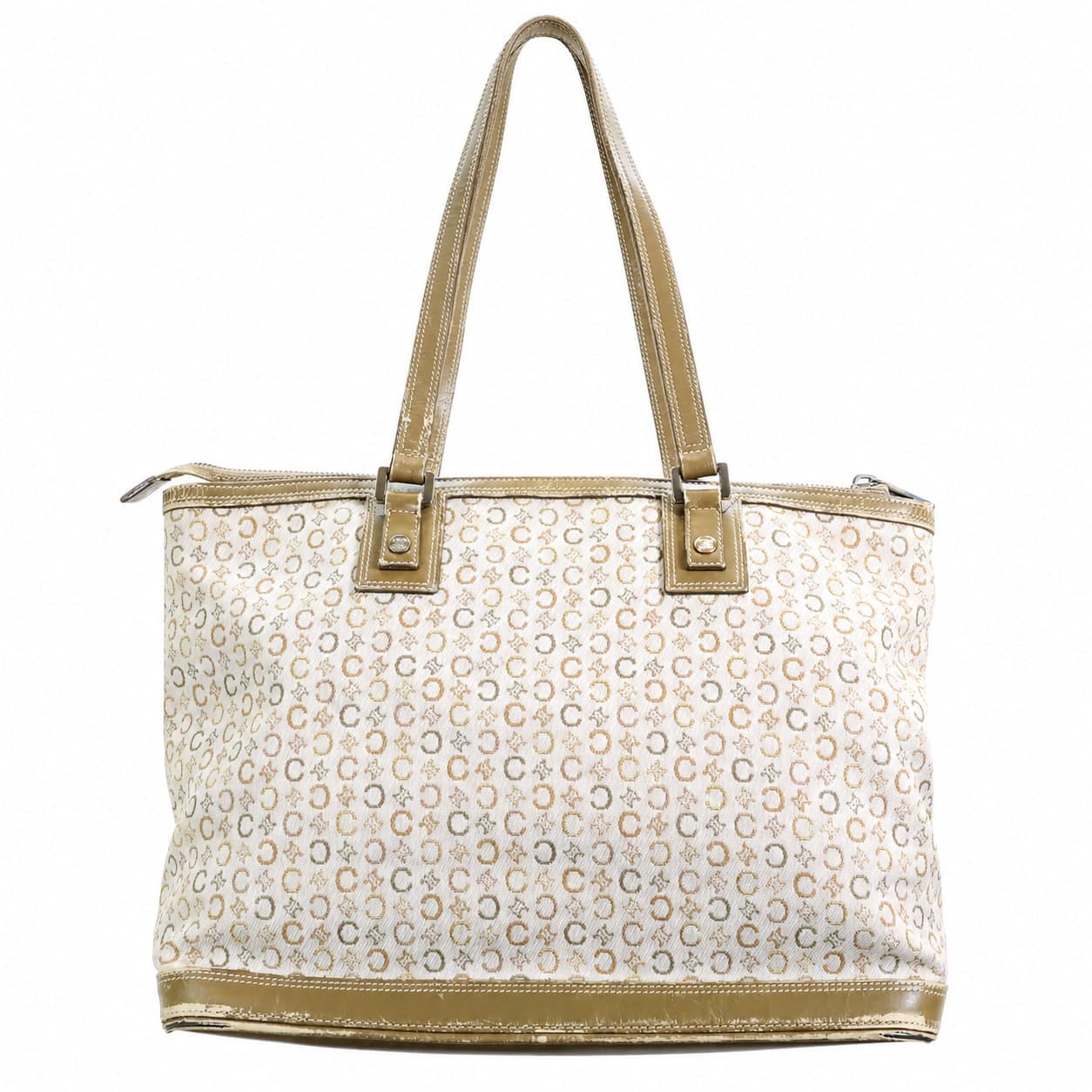Céline Macadam Monogram Canvas Tote Shoulder Bag Handbag Purse Beige Green Trim