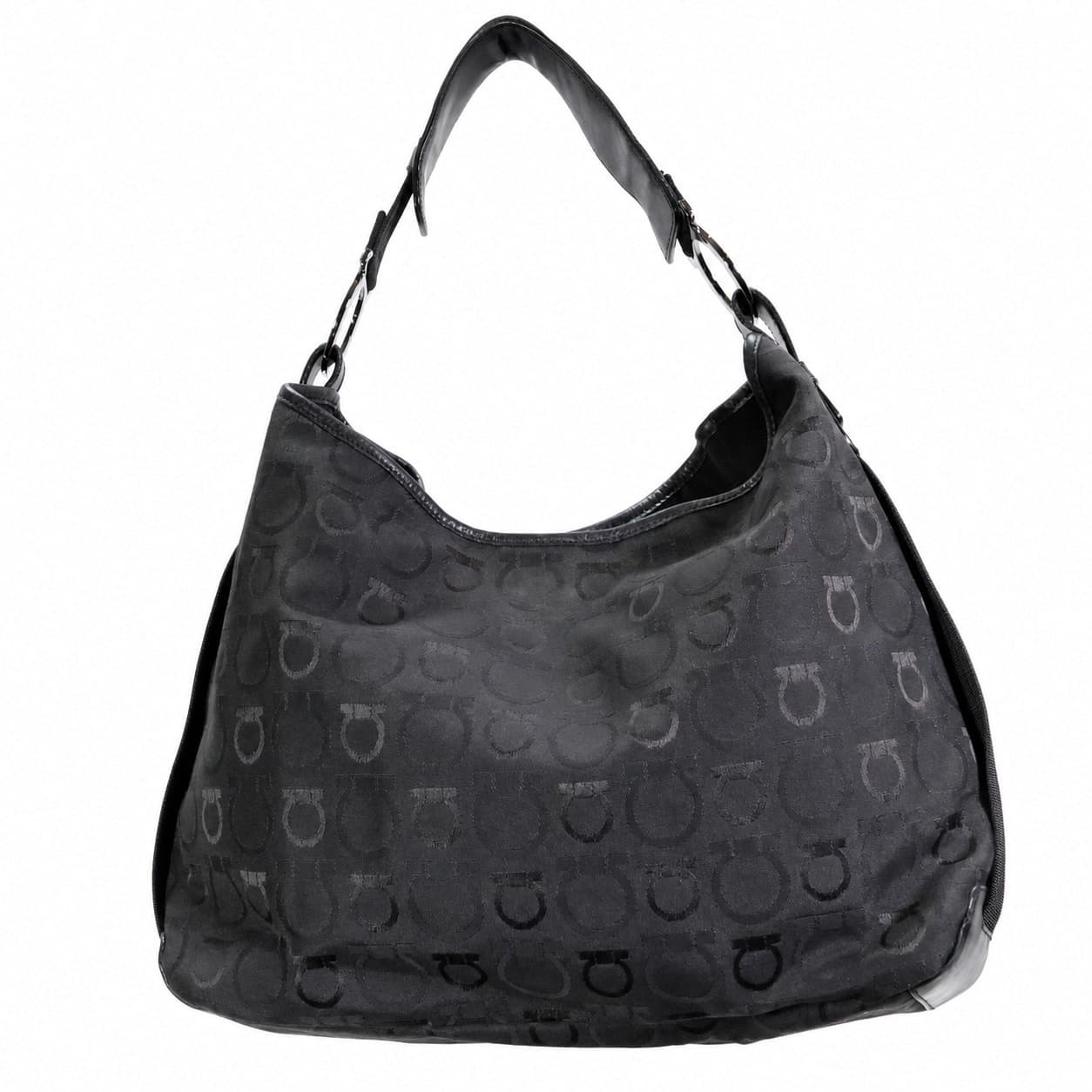 Salvatore Ferragamo Gancini Black Canvas Leather Shoulder Hobo Bag Handbag Purse
