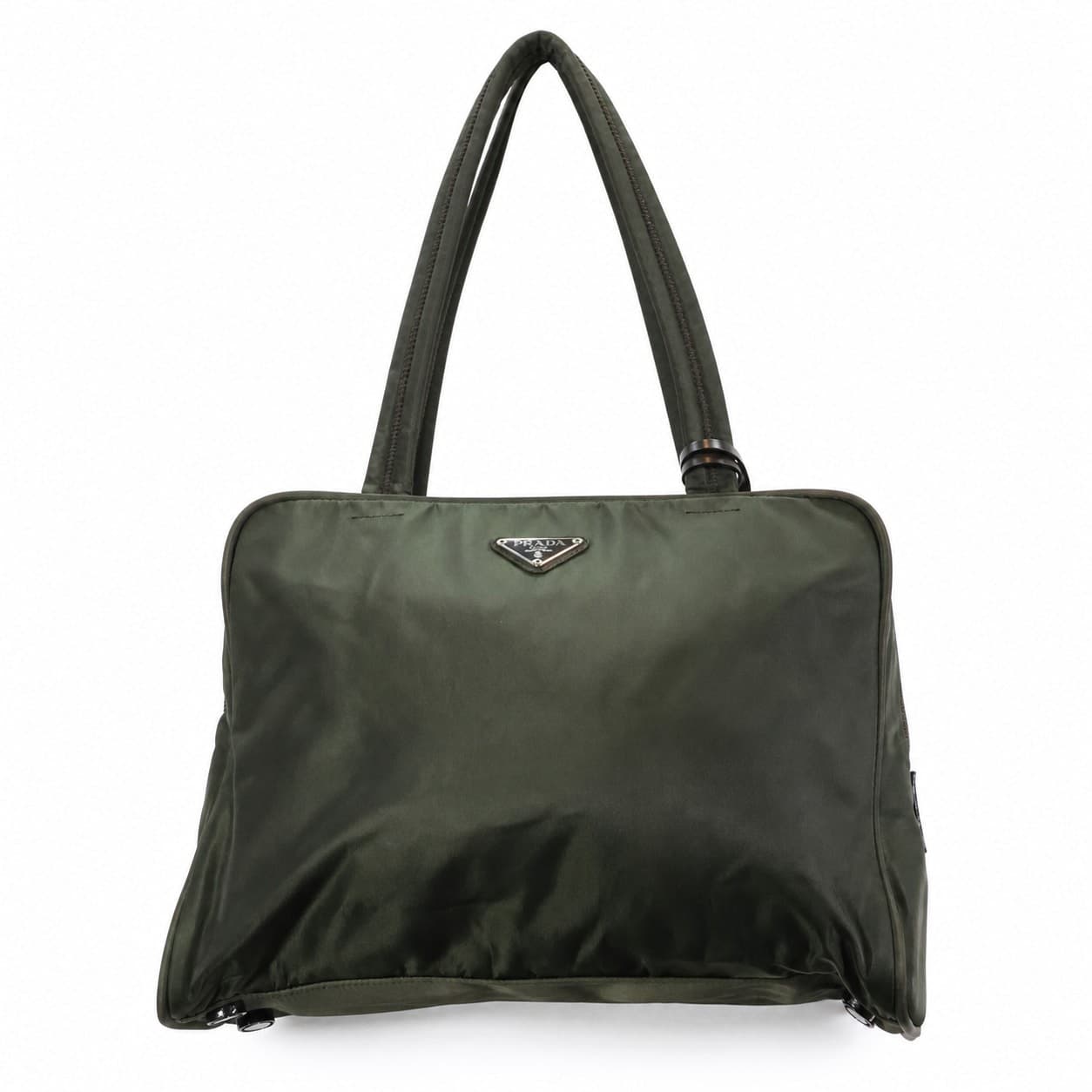 Prada Olive Green Nylon Tessuto Leather Trim Shoulder Bag Tote Handbag