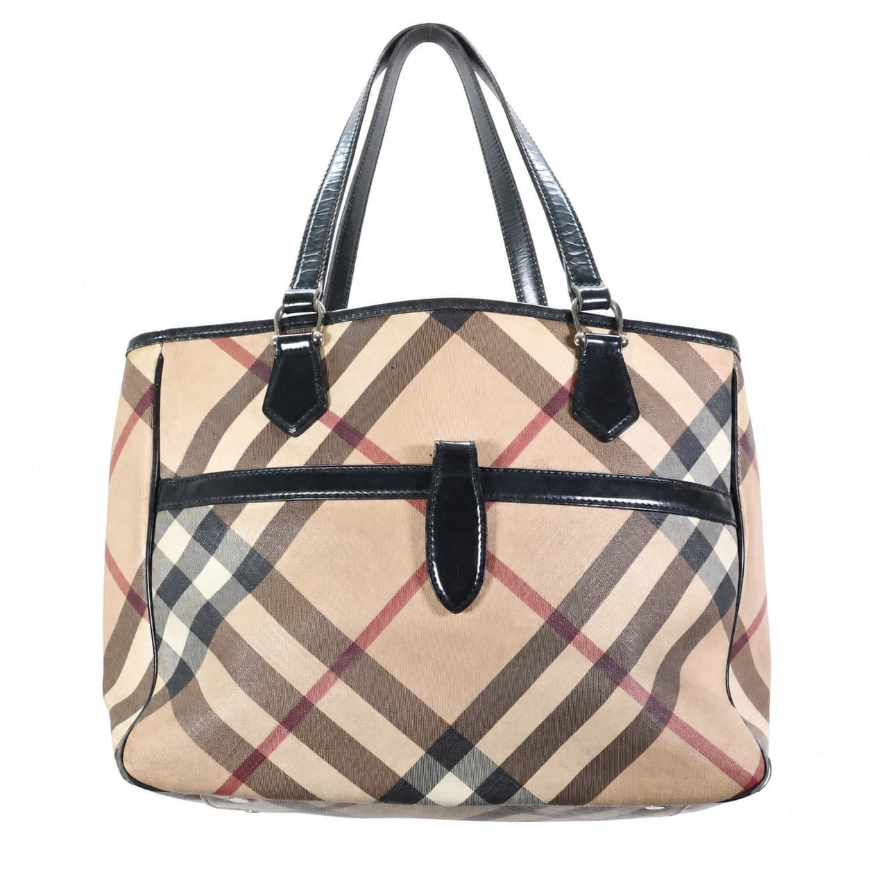 Burberry Nova Check Canvas Black Patent Leather Shoulder Bag Tote Handbag Purse