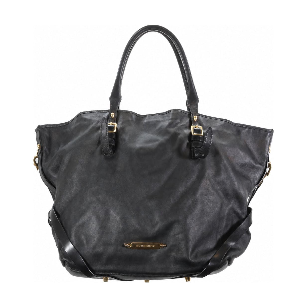Burberry Black Leather Tote Handbag Purse Bag Shoulder Bag Crossbody House Check