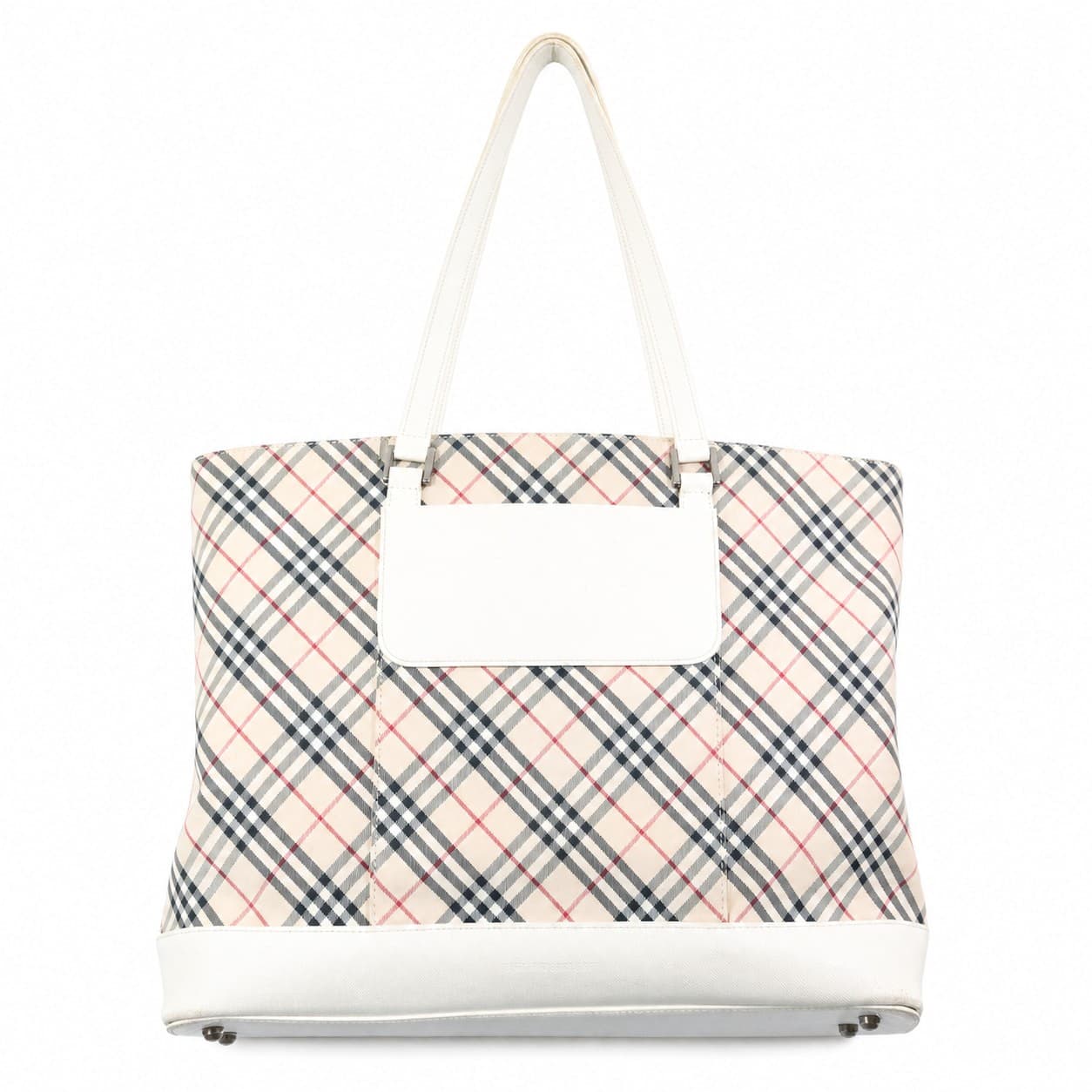 Burberry Nova Check Coated Canvas White Leather Tote Bag Shoulder Bag Handbag Purse