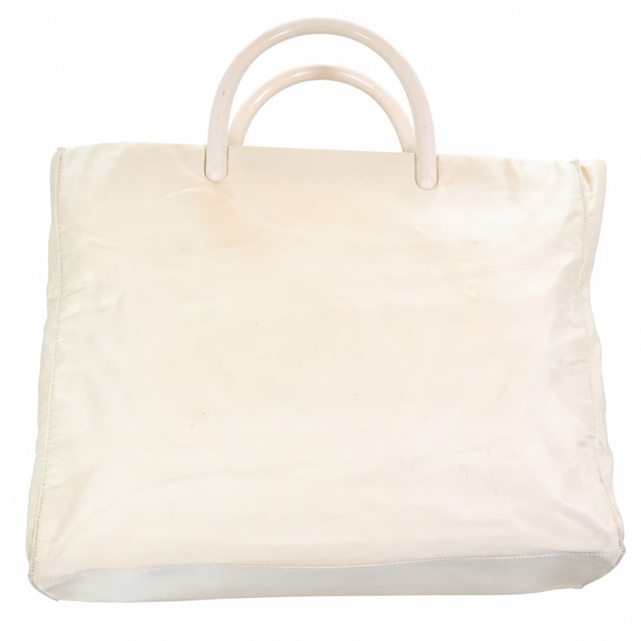 Prada Nylon Tote Handbag Purse Bag Beige Leather Trim Top Handle