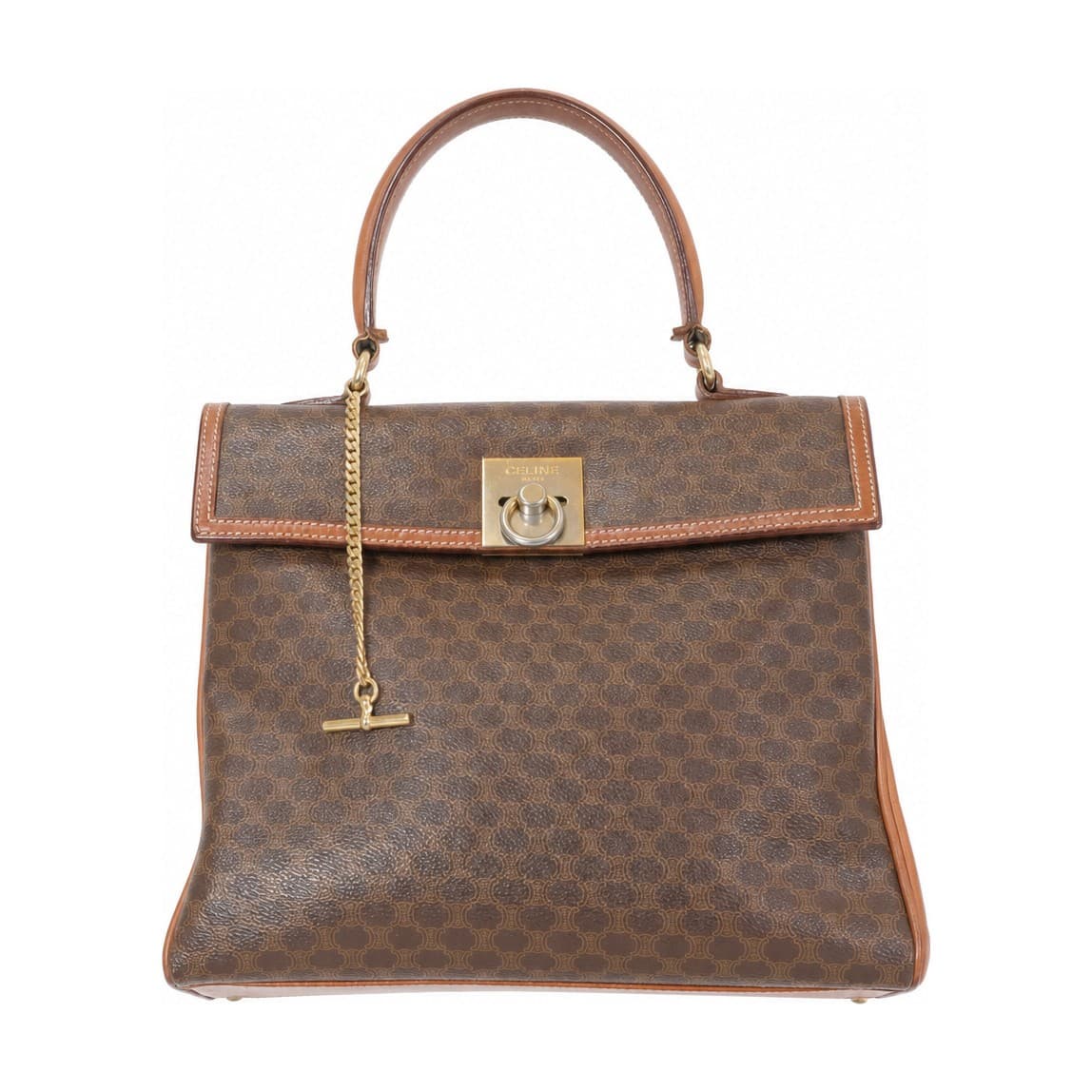 Celine Macadam Coated Canvas Leather Top Handle Handbag Purse Bag Brown
