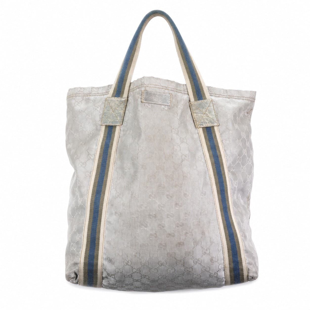 Gucci GG Monogram Canvas Tote Handbag Purse Bag Blue Web Stripe Grey