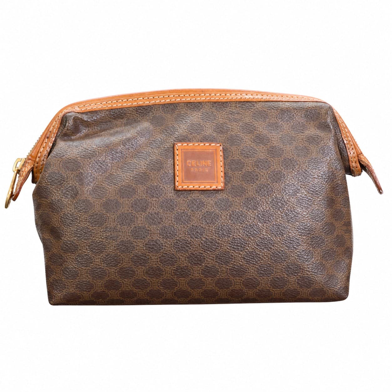 Celine Macadam Monogram Canvas Cosmetic Pouch Bag Brown Leather Trim