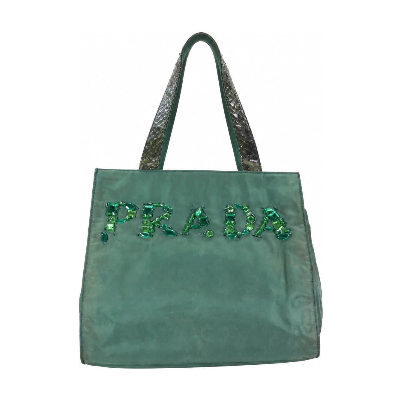 Prada Green Nylon Tessuto Crystal Logo Tote Bag Handbag Purse Python Strap