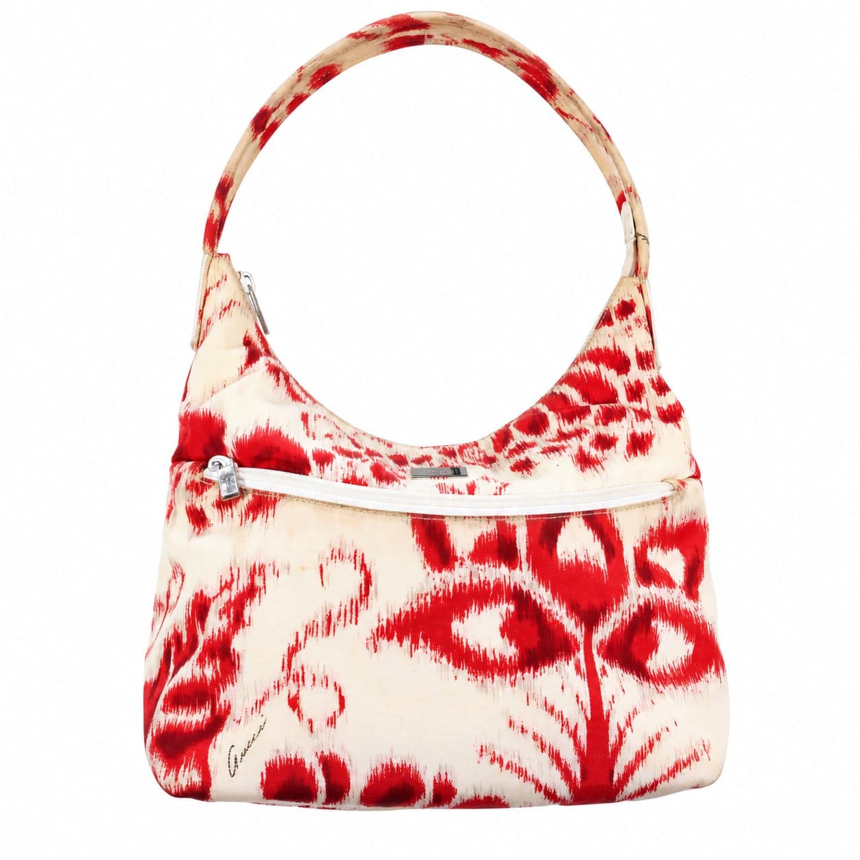 Gucci Canvas Ikat Print Hobo Shoulder Bag Handbag Purse Red Cream