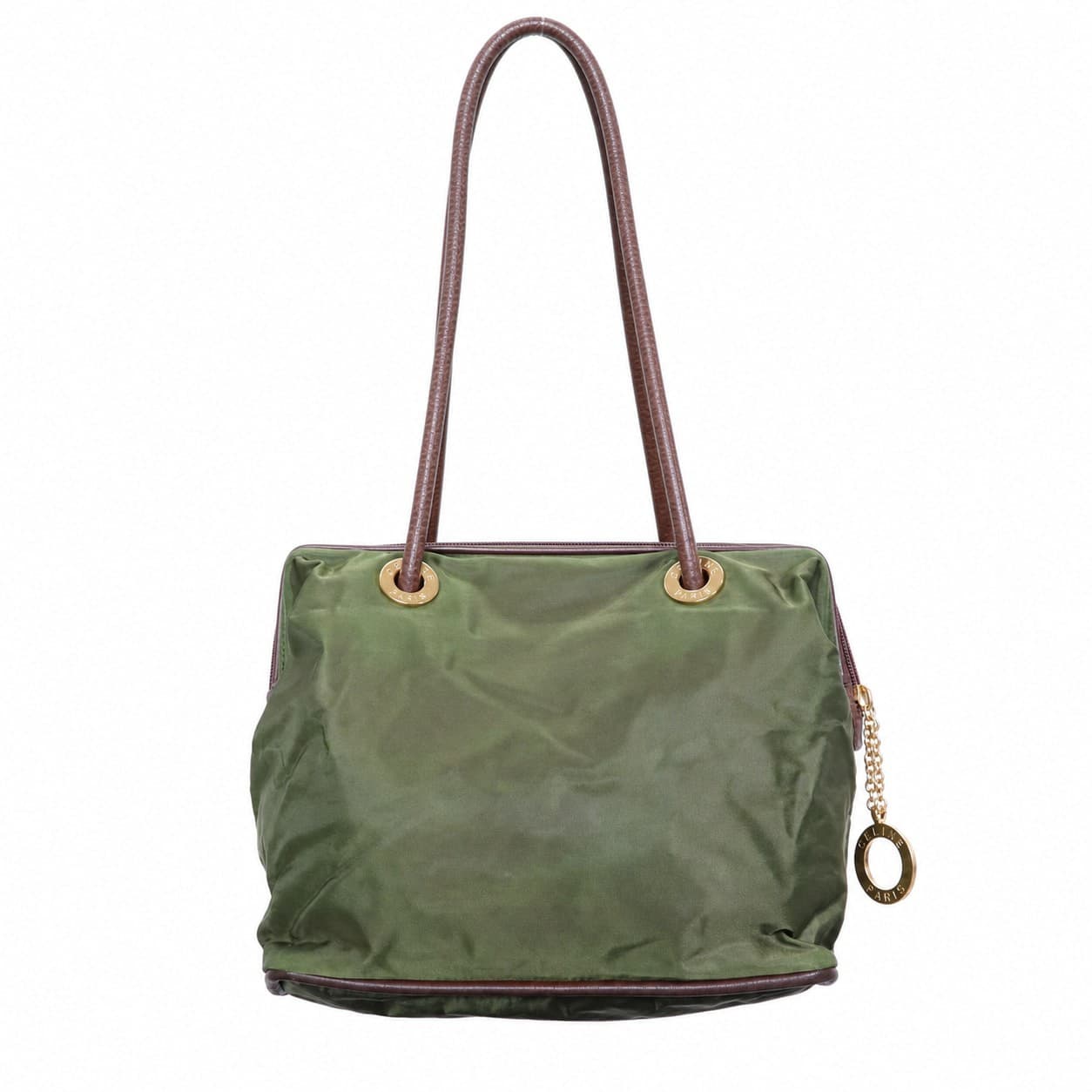 Céline Green Nylon Leather Trim Shoulder Bag Handbag Purse