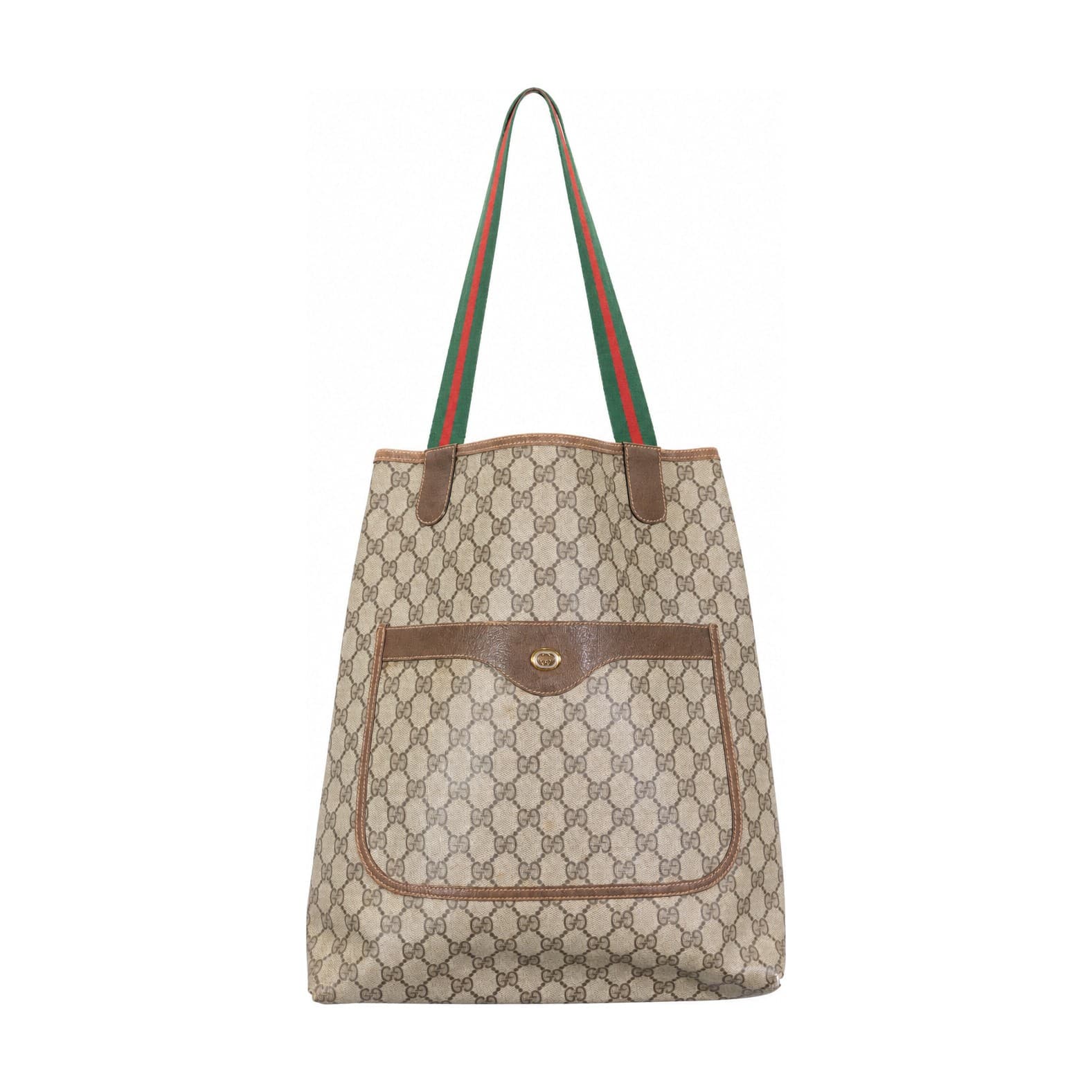 Gucci GG Supreme Canvas Tote Bag Handbag Purse Web Stripe Shoulder Straps Brown