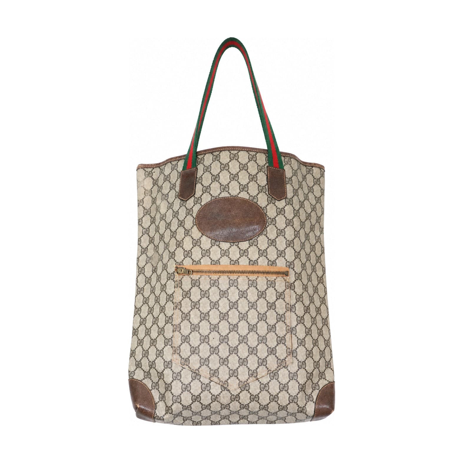 Gucci GG Supreme Canvas Web Stripe Tote Bag Handbag Purse Brown Beige Leather
