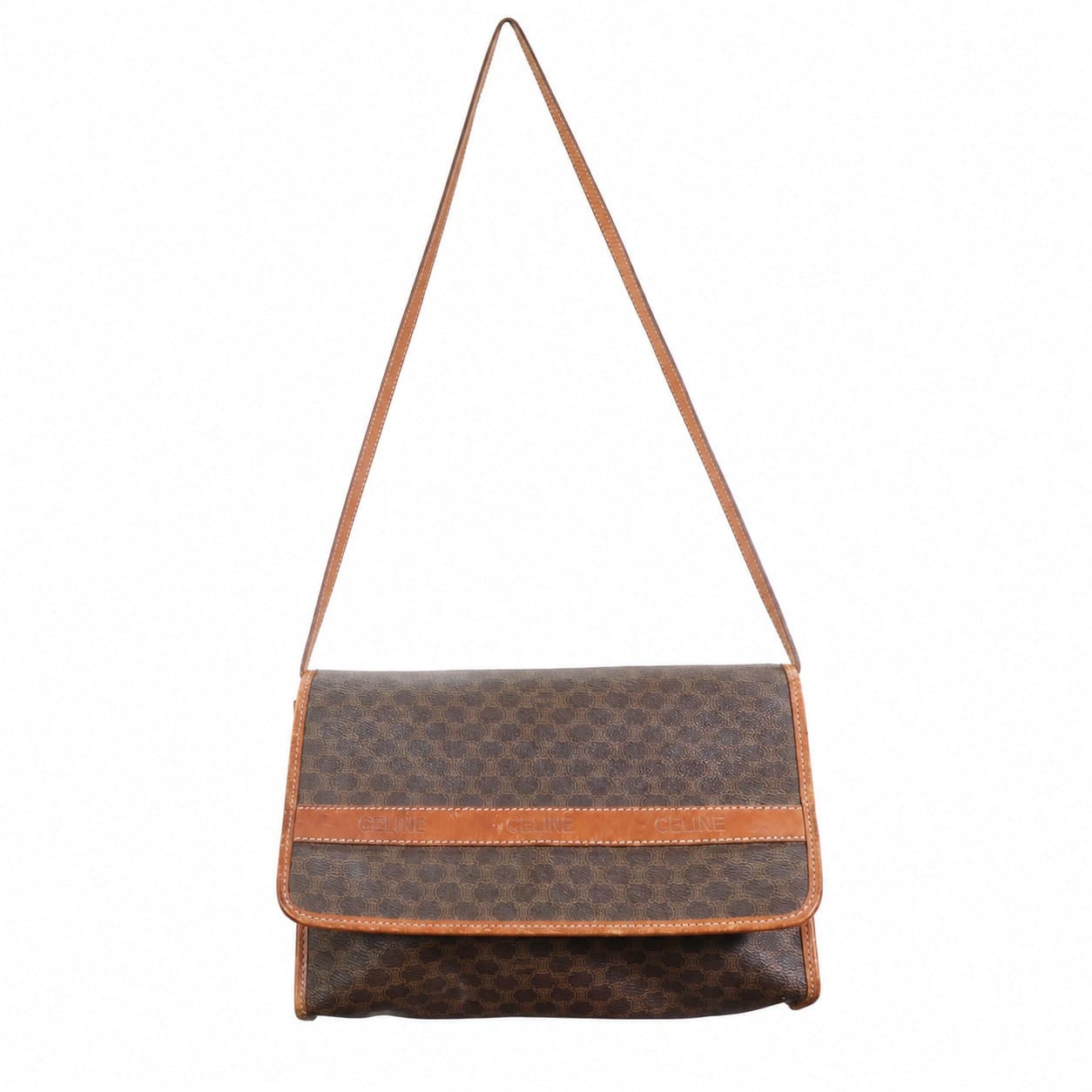 Celine Macadam Crossbody Shoulder Bag Flap Messenger Brown Canvas Leather