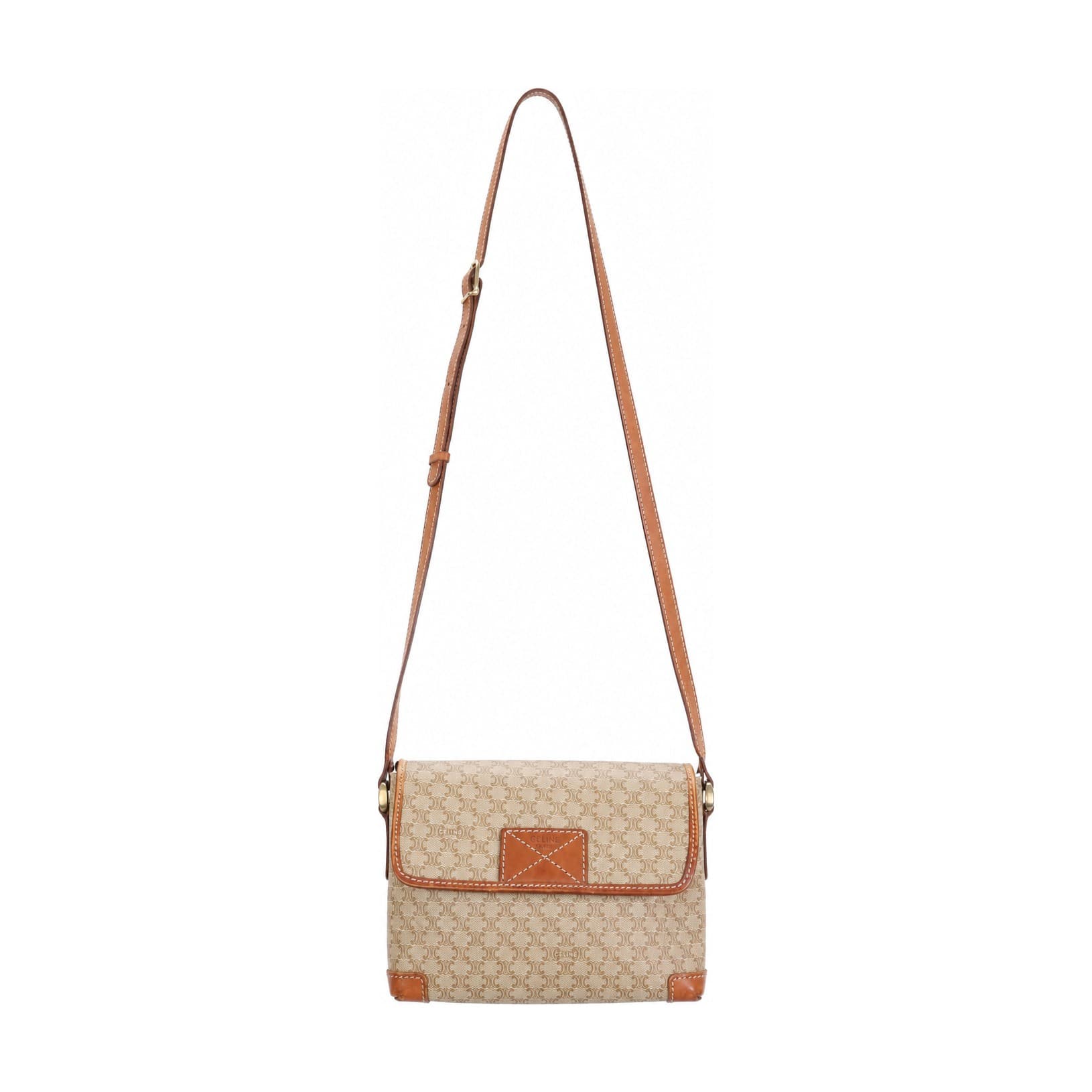 Céline Macadam Canvas Leather Crossbody Shoulder Bag Handbag Purse Beige