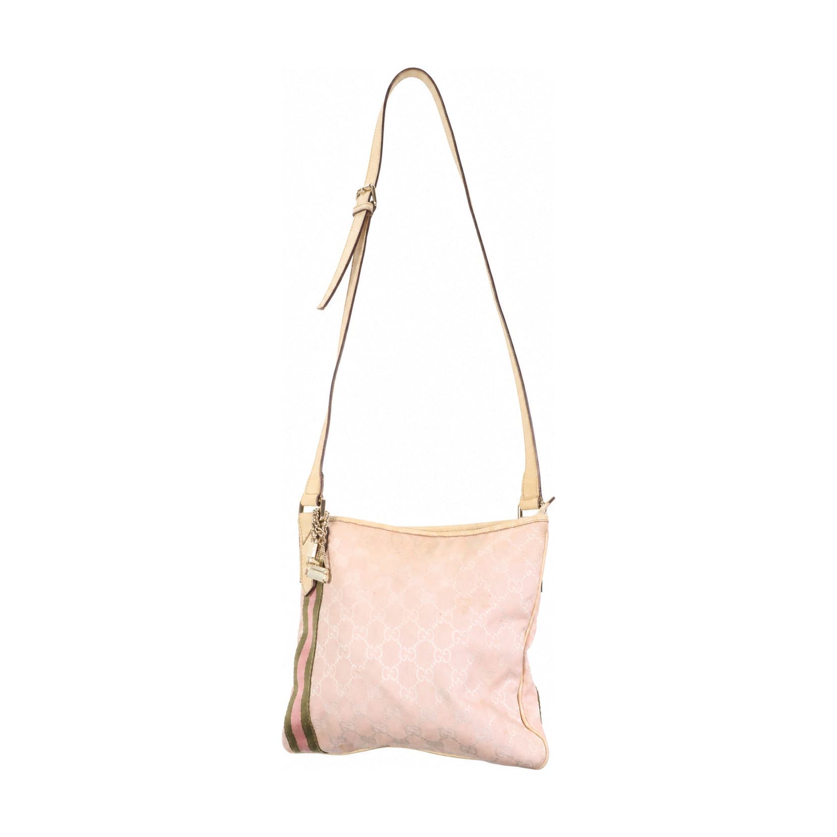 Gucci GG Canvas Crossbody Messenger Bag Pink Green Web Stripe Leather Handbag Purse