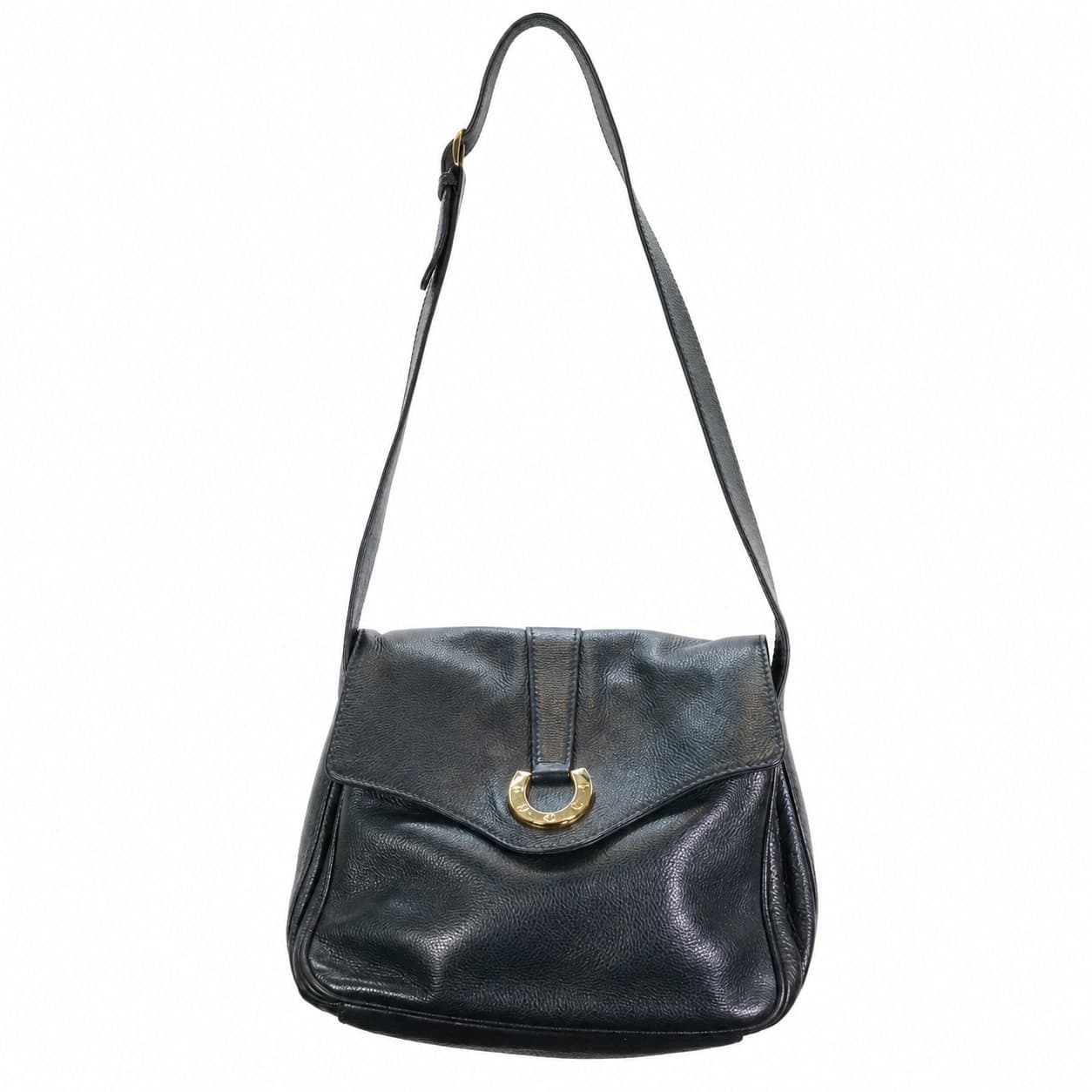 Gucci Black Leather Horseshoe Flap Crossbody Shoulder Bag Handbag Purse