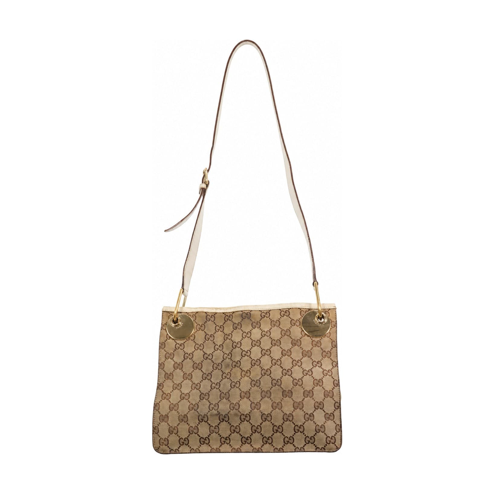 Gucci GG Canvas Shoulder Bag Crossbody Handbag Purse White Leather Beige