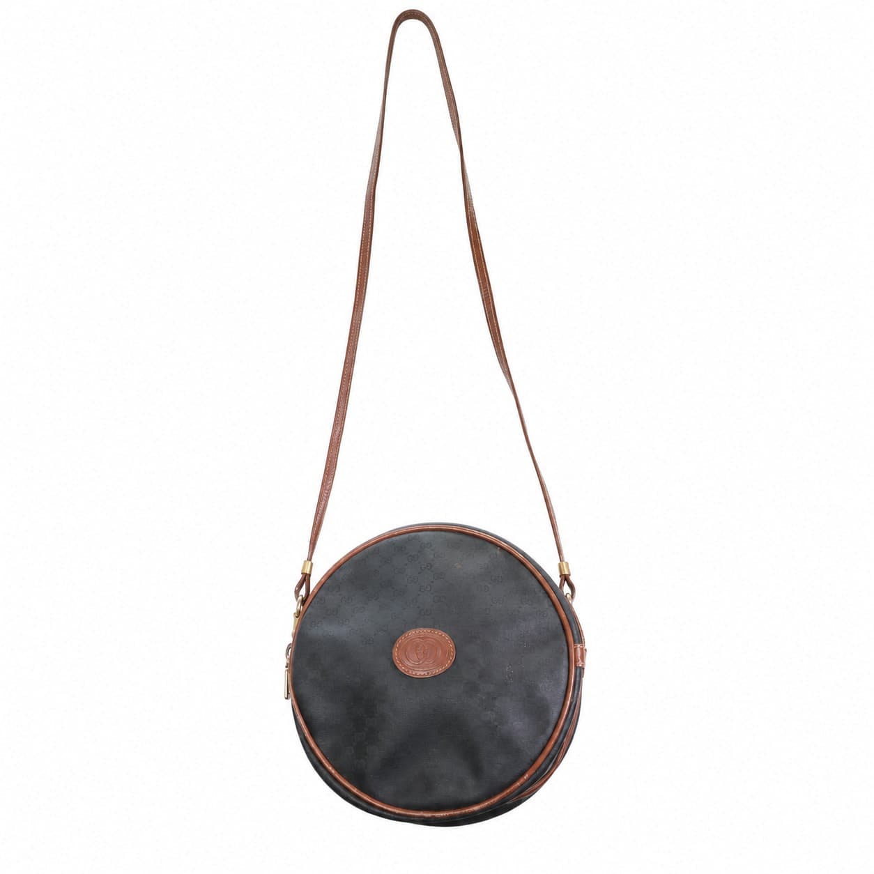 Gucci GG Monogram Canvas Round Crossbody Bag Handbag Purse Black Leather