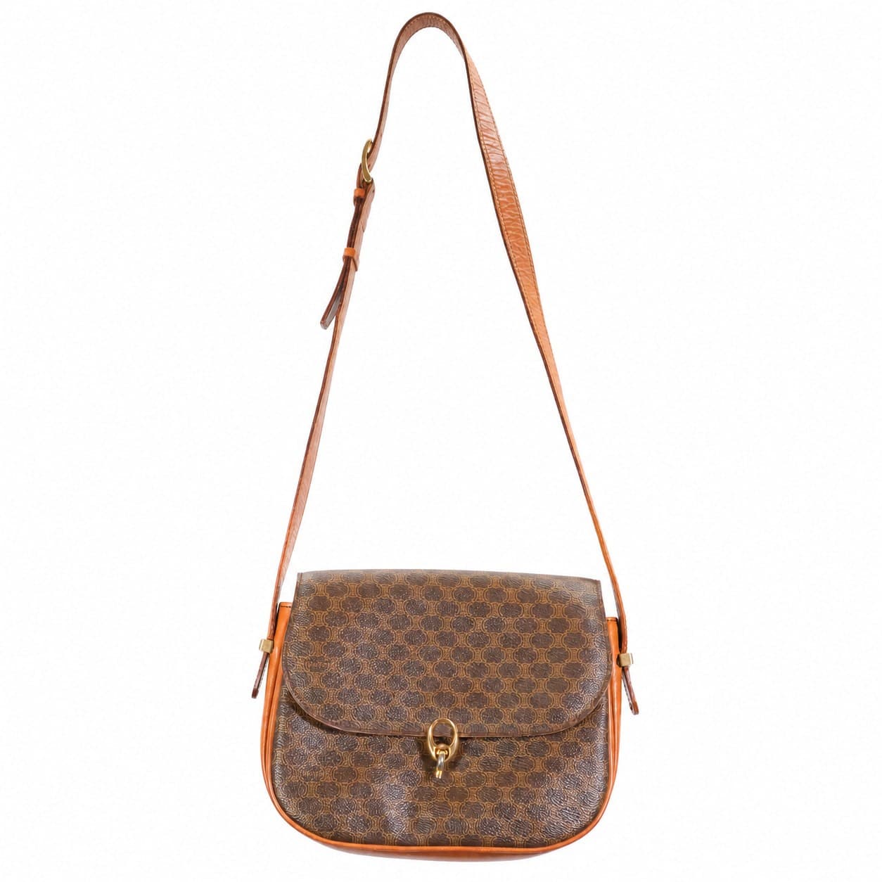 Céline Macadam Monogram Canvas Leather Saddle Crossbody Shoulder Bag Brown
