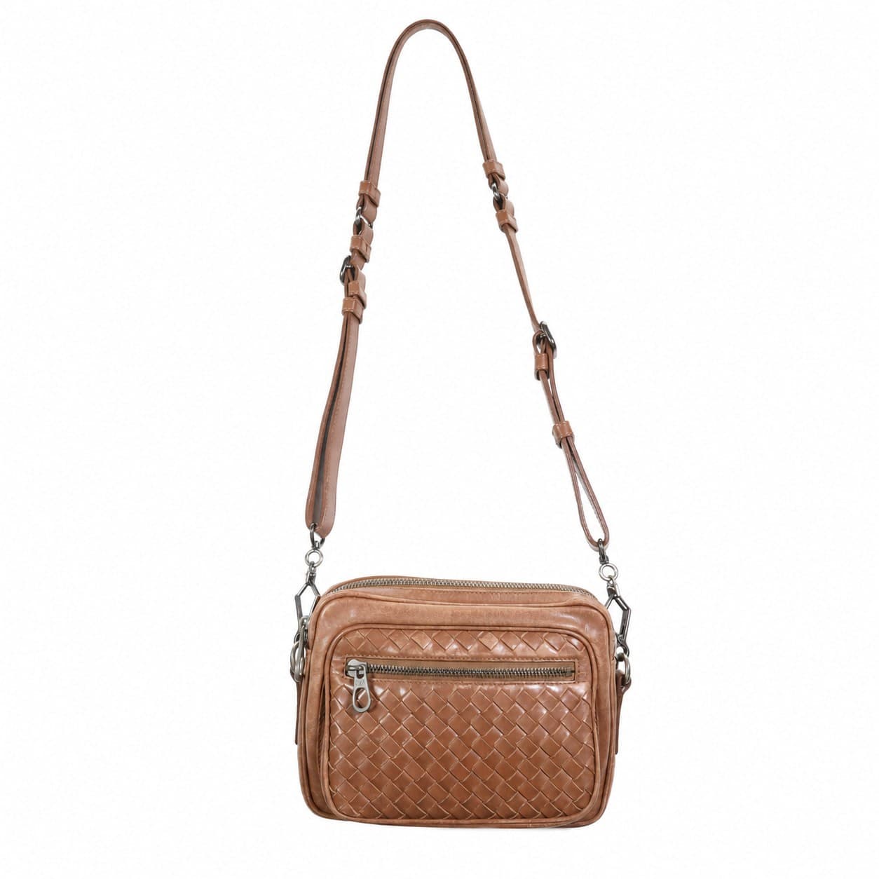 Bottega Veneta Intrecciato Woven Leather Crossbody Camera Bag Handbag Purse Tan Brown
