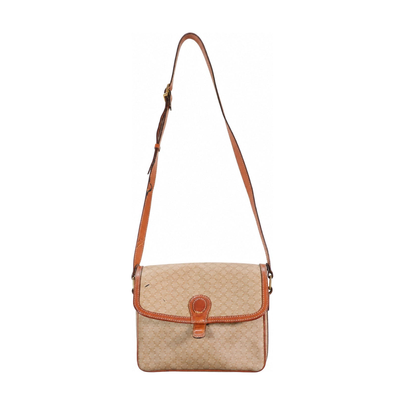 Céline Macadam Monogram Canvas Leather Crossbody Shoulder Bag Handbag Purse Beige