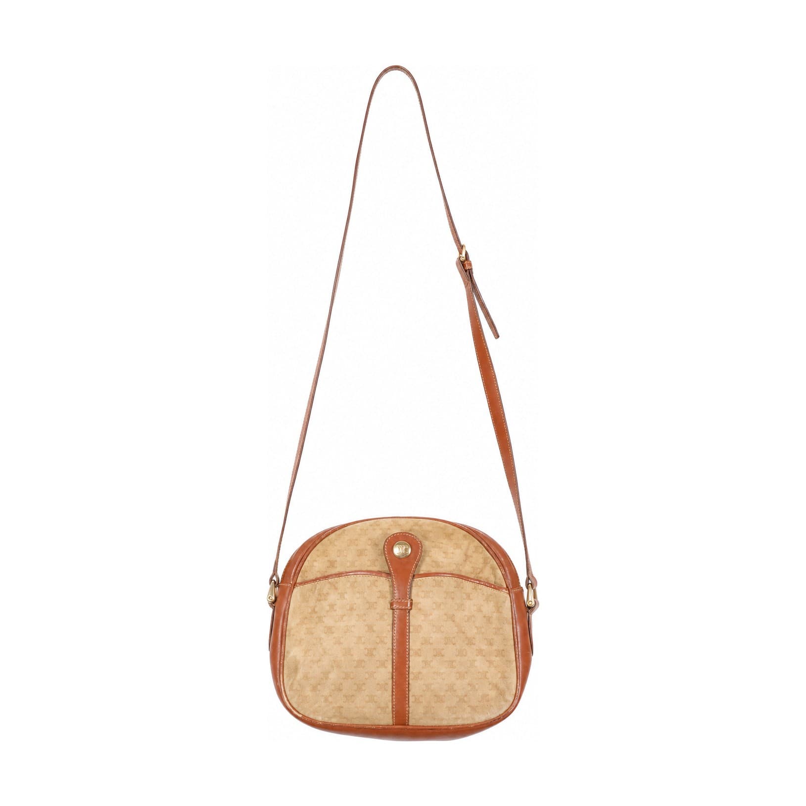 Céline Macadam Monogram Canvas Leather Crossbody Shoulder Bag Handbag Purse Beige Brown